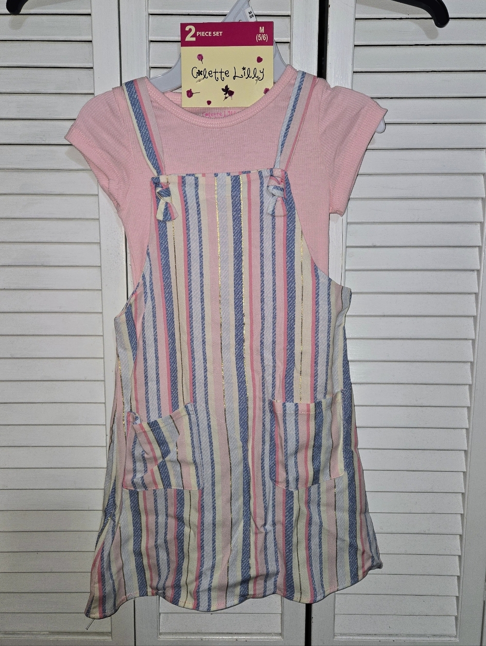 Colette Lilly Girls' M Pink Striped Pinafore Dress & Tee Set NEW